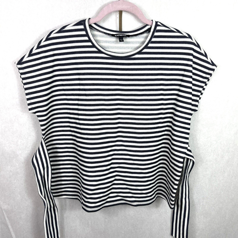 Express Navy Blue & White Striped Top Size XS Tie Waist Short Sleeve Boxy